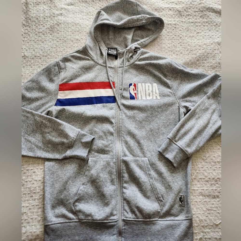 NBA Gray Zip-up Hoodie with Red, White, and Blue Stripes